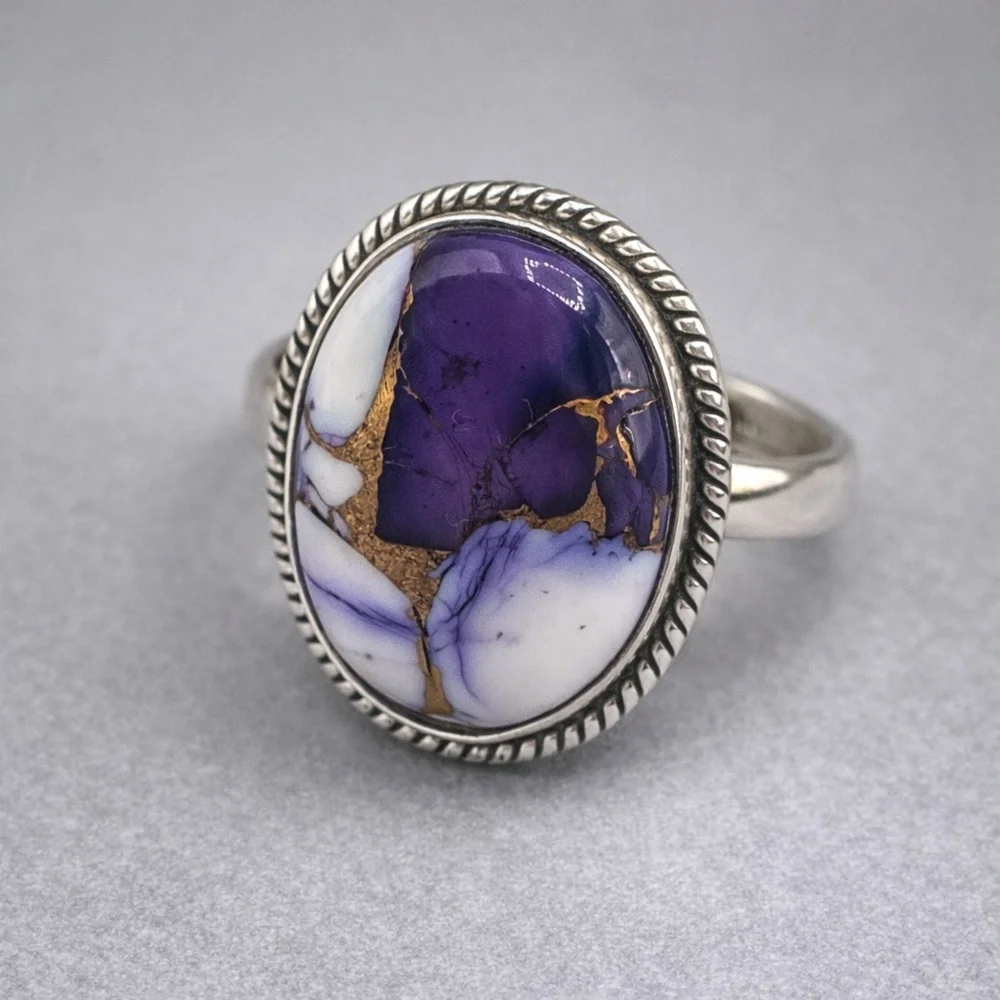 Purple White Turquoise Ring 925 Sterling Silver Oval Statement Sz 9 NWT